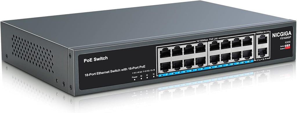 18 Port Gigabit PoE Switch with 16 Ports 1000Mbps PoE+@250W, 2 Gigabit Uplink Ports, Metal Case M880