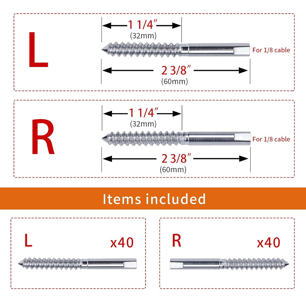 80Pack 1/8 T316 Stainless Steel Swage Lag Screws Cable Railing Hardware Kit K381