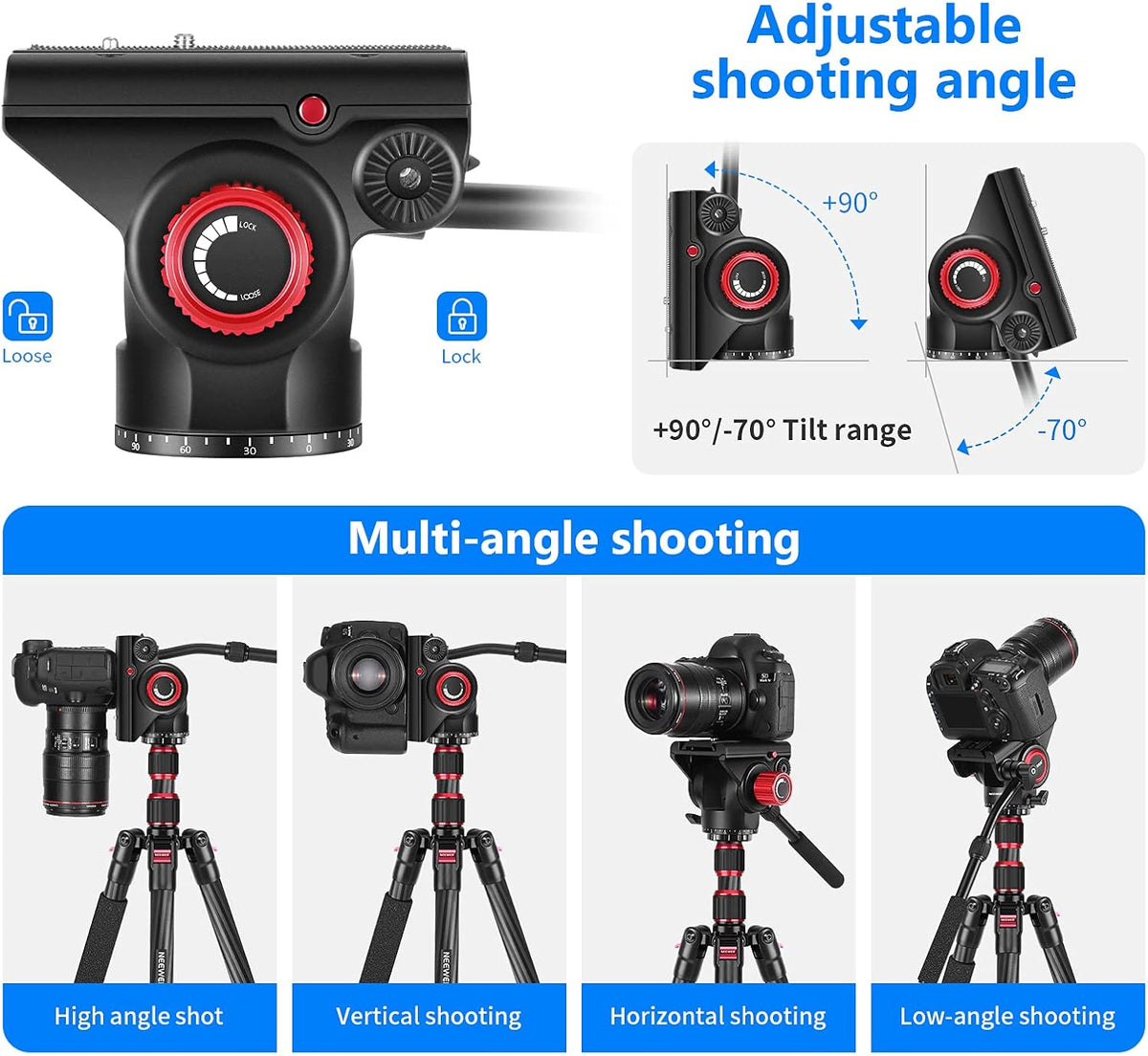 Metal Heavy Duty Video Camera Tripod Fluid Drag Pan Head with Sliding Plate and 2-Section Adjustable Handle, Load up to 11pounds/5kilograms, Pack of 2 D436978