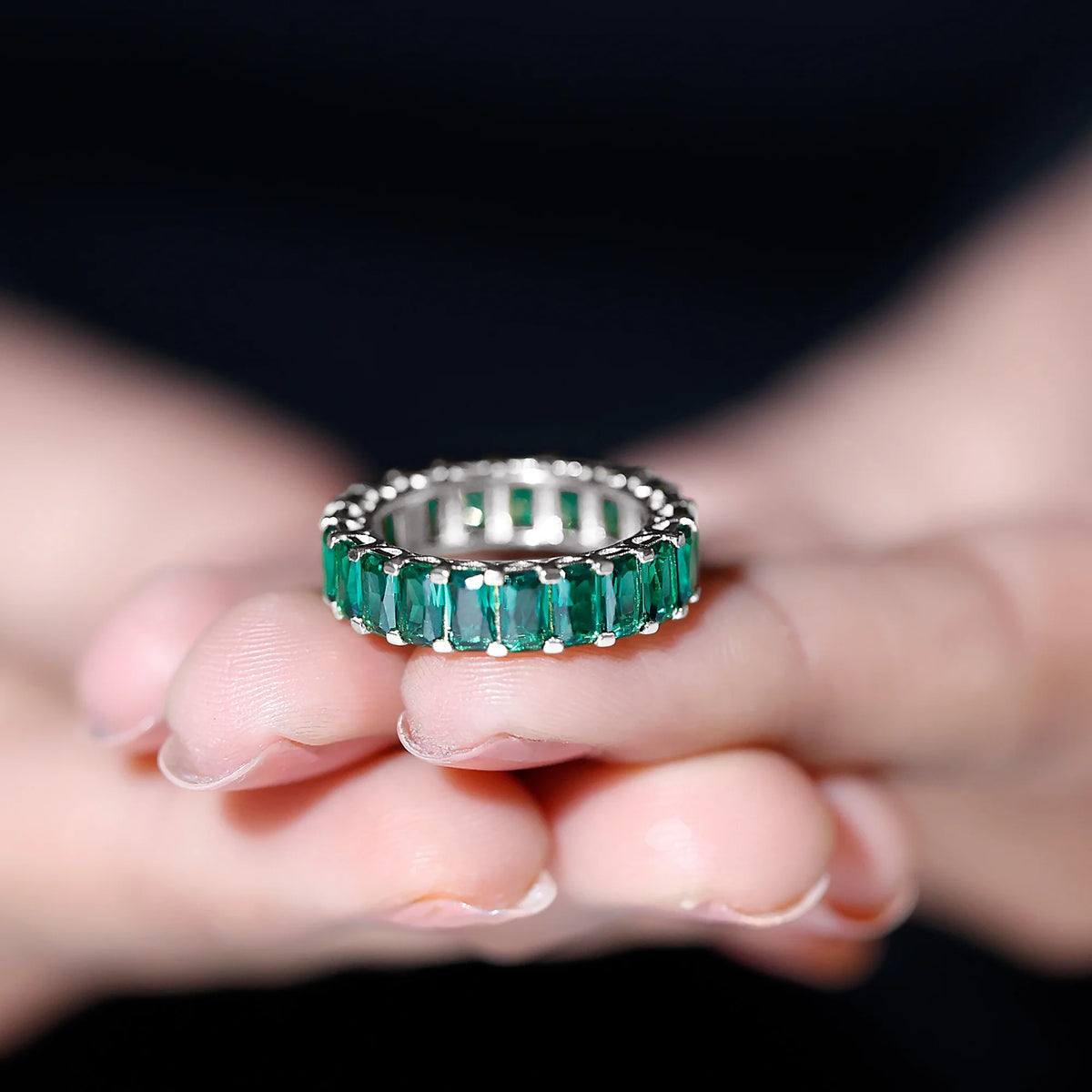 14K White Gold Lab Created Emerald Ring F9379