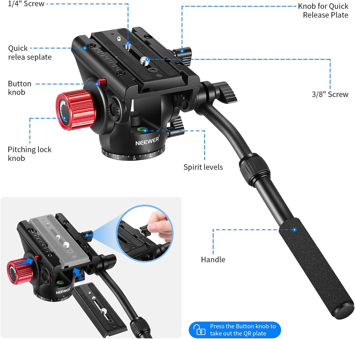 Metal Heavy Duty Video Camera Tripod Fluid Drag Pan Head with Sliding Plate and 2-Section Adjustable Handle, Load up to 11pounds/5kilograms, Pack of 2 D436978