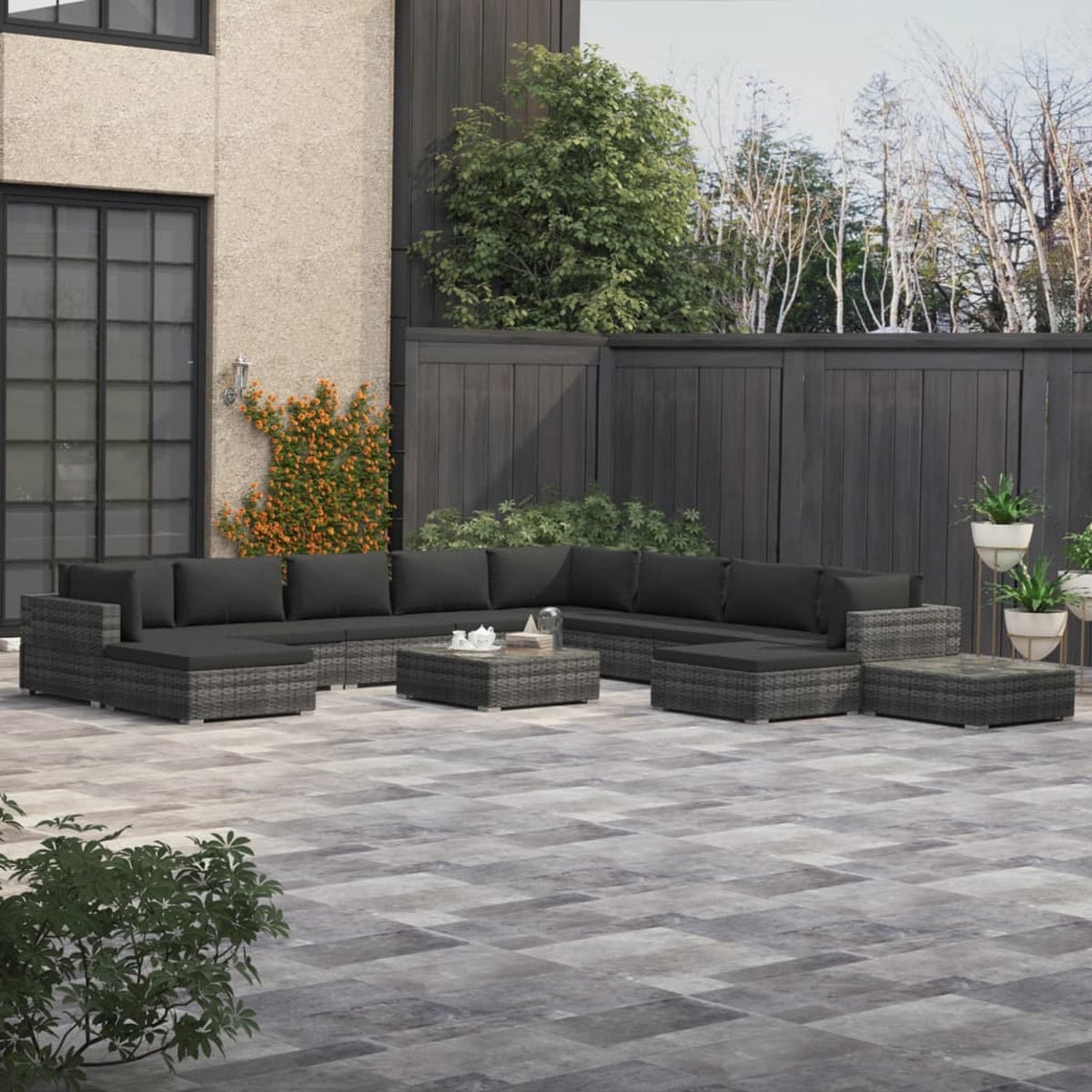 12 Piece Poly Rattan Gray Outdoor Sectional Sofa Set with Cushions D673
